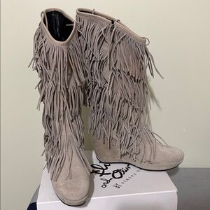 Kelton Suede leather beige fringe tall boots size 37 Made in Italy